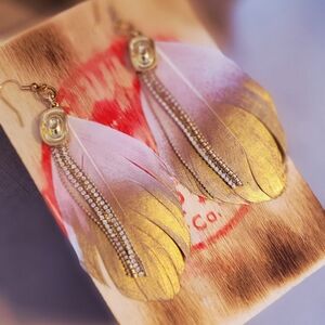 Gold and Pink Feather Drop Earrings with Crystal Chain